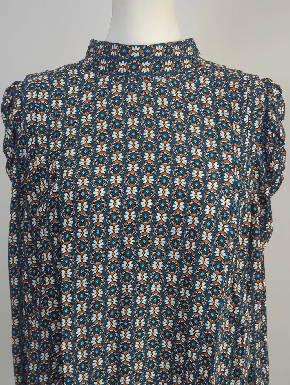 NWT Zara Boho Floral Medallion High Neck Long Puff Sleeve Blouse Teal LARGE